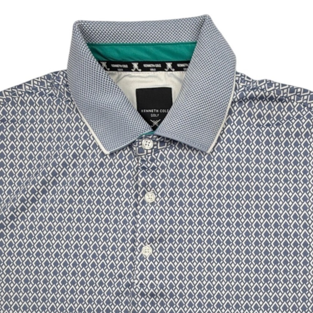 Kenneth Cole Golf Mens Blue White Geometric Diamond Print Polo Shirt Size M